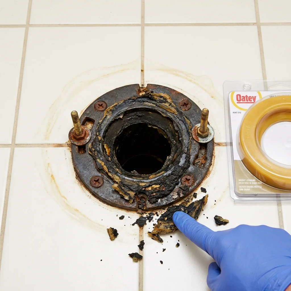 Failed wax ring showing water seepage at the base of a toilet in a Butler, MO home